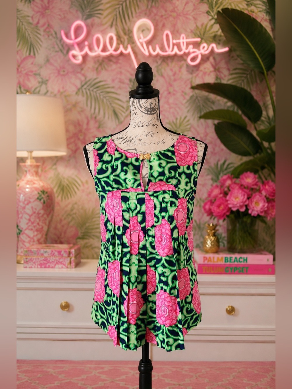 Lilly Pulitzer Private Property Tara Green Pink Floral 100% Silk Shell Top Sz 6